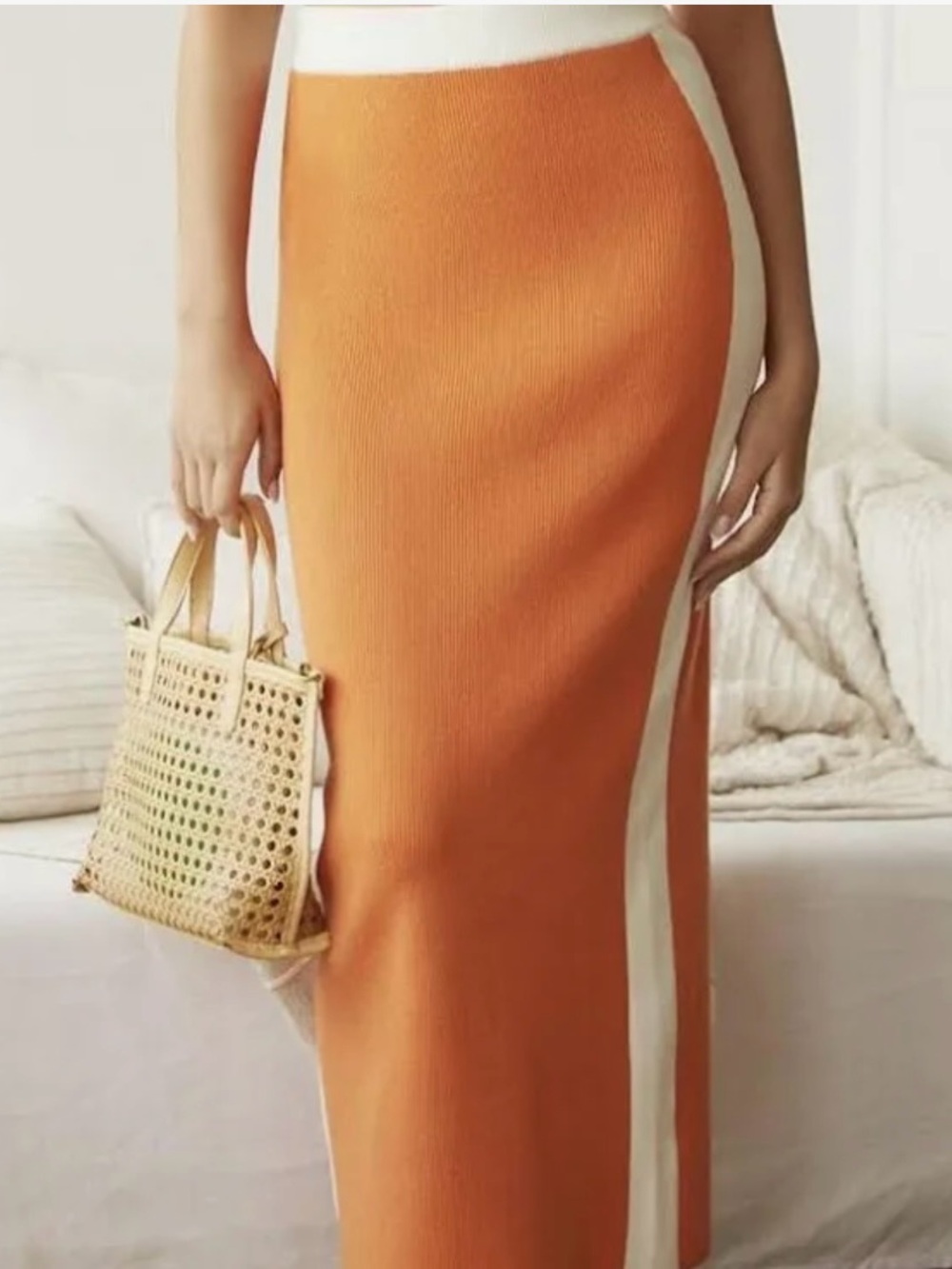 Anthropologie Colorblock Knit Pencil Skirt - Orange and White